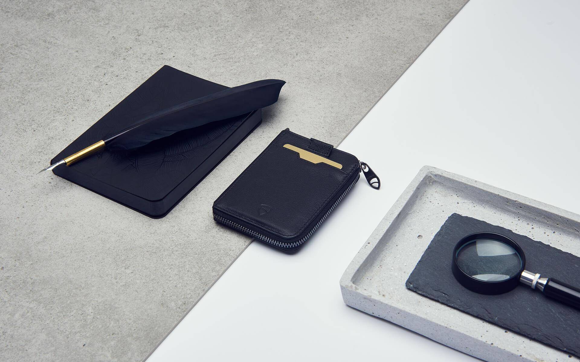 NOTTING HILL Zipper Wallet made from premium Italian leather, featuring a YKK zipper and RFID-blocking technology, available in multiple colors.