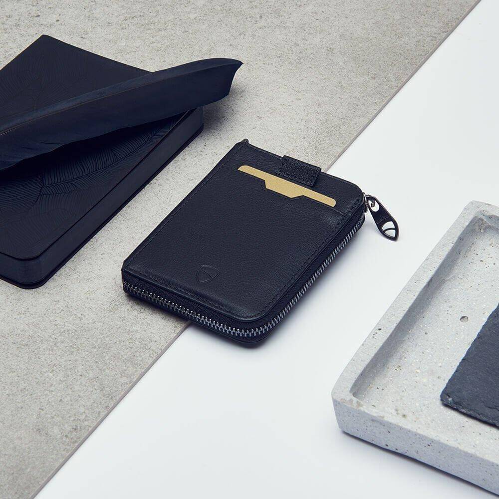 NOTTING HILL Zipper Wallet made from premium Italian leather, featuring a YKK zipper and RFID-blocking technology, available in multiple colors.