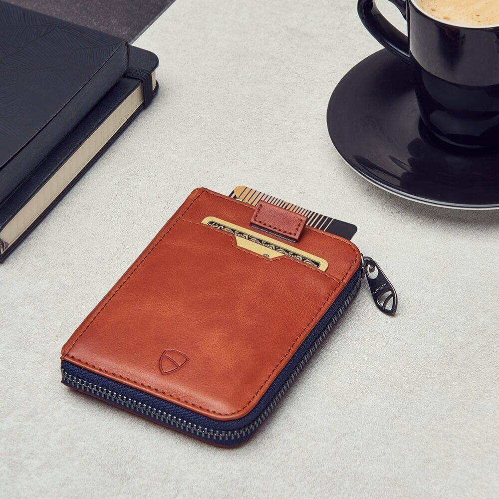 NOTTING HILL Zipper Wallet made from premium Italian leather, featuring a YKK zipper and RFID-blocking technology, available in multiple colors.