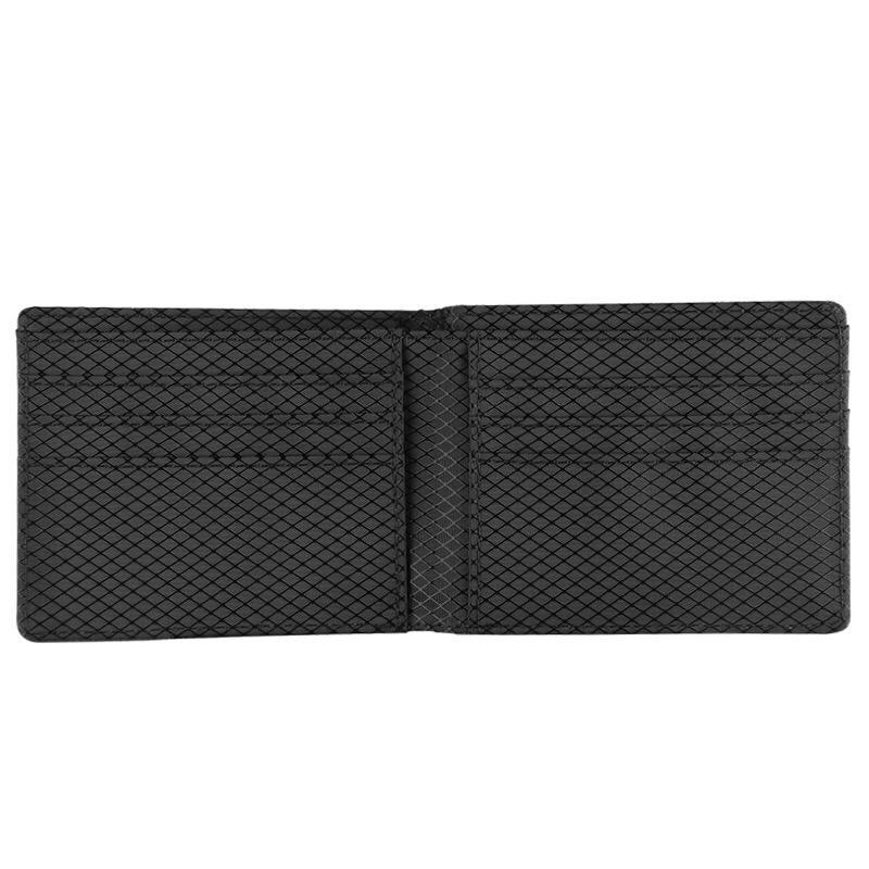 Real Flexible Carbon Fiber Bi-Fold Wallet showcasing its sleek design and carbon fiber texture, featuring multiple card slots and a compact size.