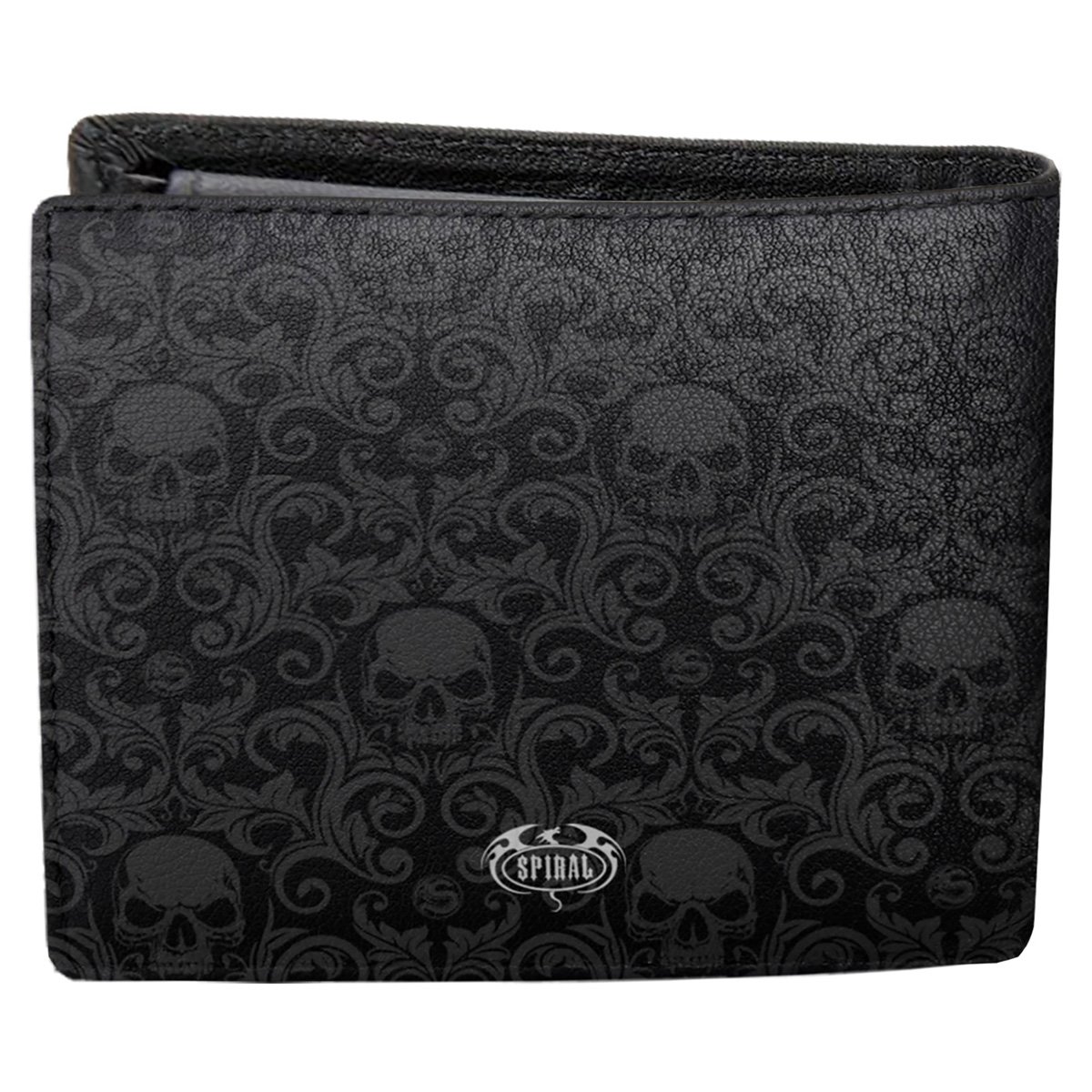 SKULL SCROLL BiFold Wallet featuring a detailed skull design with scrolling leaves, made of soft polyurethane faux leather, showcasing RFID blocking technology.