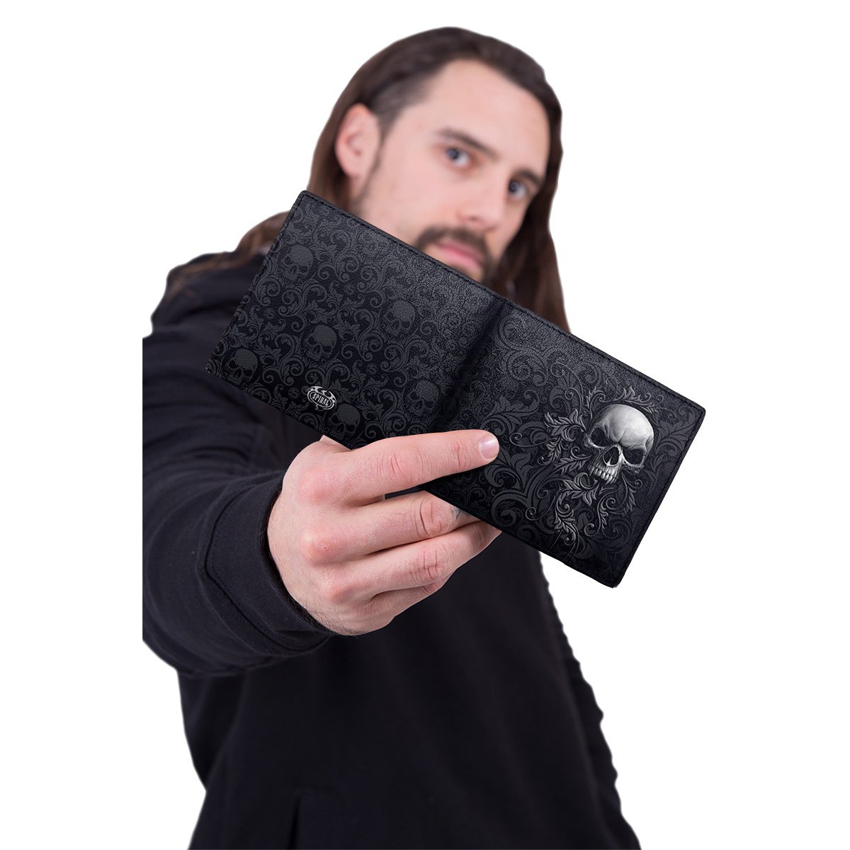 SKULL SCROLL BiFold Wallet featuring a detailed skull design with scrolling leaves, made of soft polyurethane faux leather, showcasing RFID blocking technology.