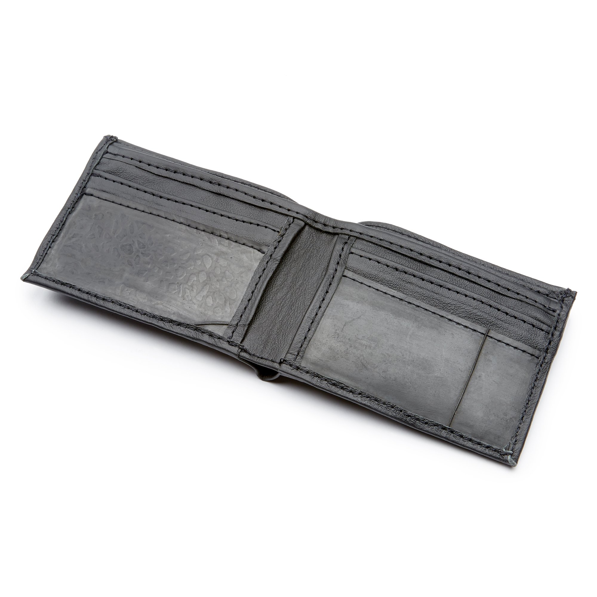 The Michel Bifold Leather Wallet showcasing its minimalist design, made from locally sourced leather and featuring recycled tire tube pockets.