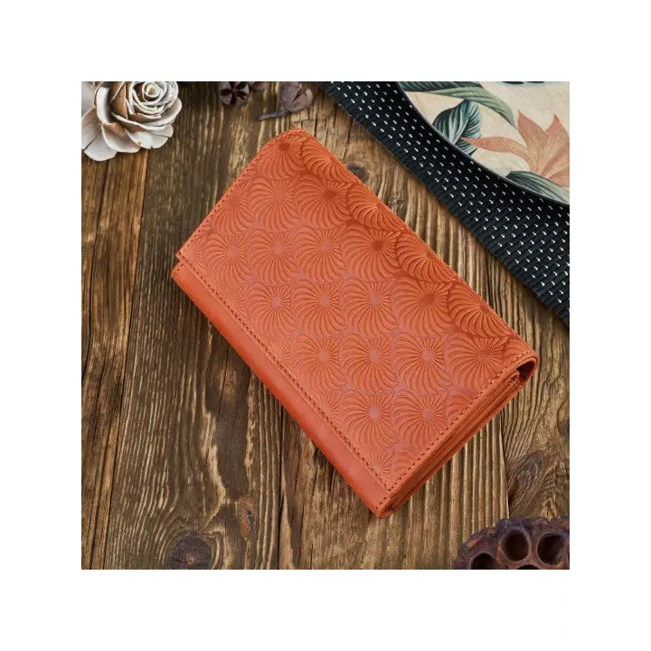 A vibrant and chic leather women's wallet showcasing premium leather craftsmanship, featuring a zipper and magnetic snap closure.