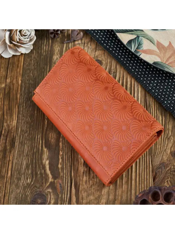 A vibrant and chic leather women's wallet showcasing premium leather craftsmanship, featuring a zipper and magnetic snap closure.