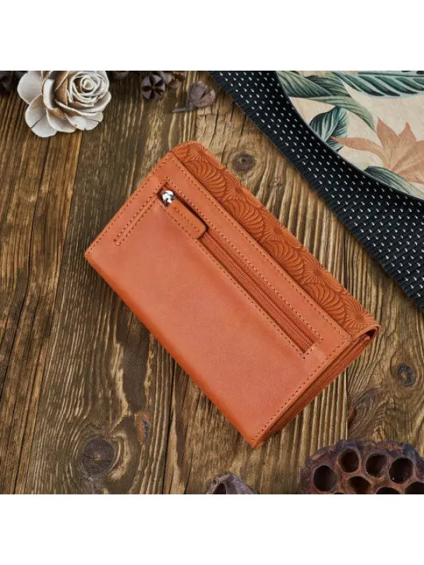 A vibrant and chic leather women's wallet showcasing premium leather craftsmanship, featuring a zipper and magnetic snap closure.