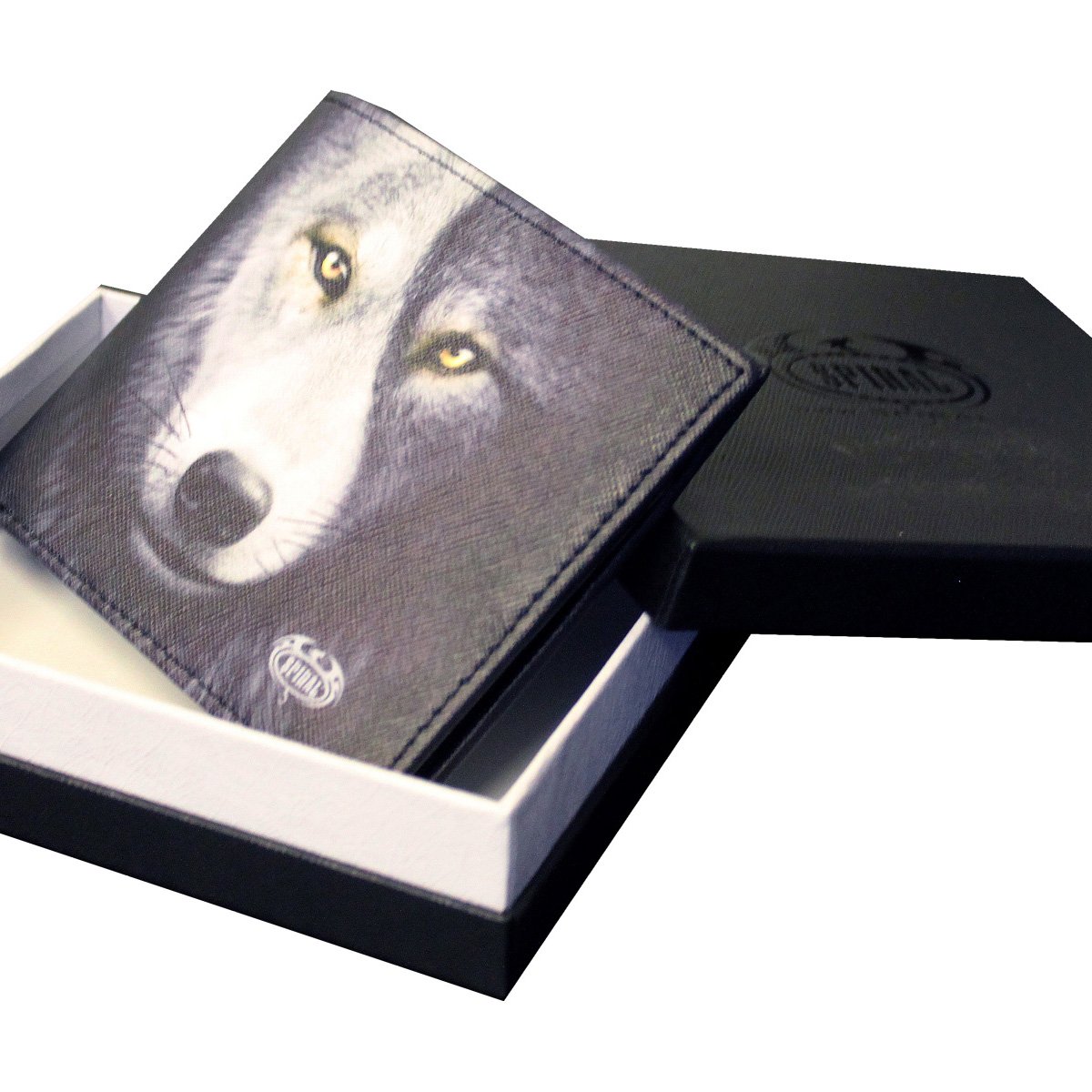WOLF CHI BiFold Wallet featuring dual wolves design, RFID blocking technology, and soft faux leather finish, presented in an elegant gift box.