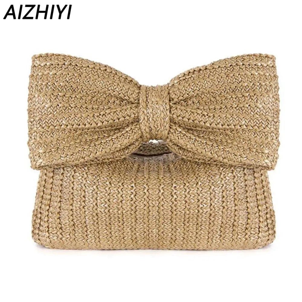 Women Bow Purse from Sexikinis, featuring a stylish straw design, unique pillow shape, and elegant bow decoration.