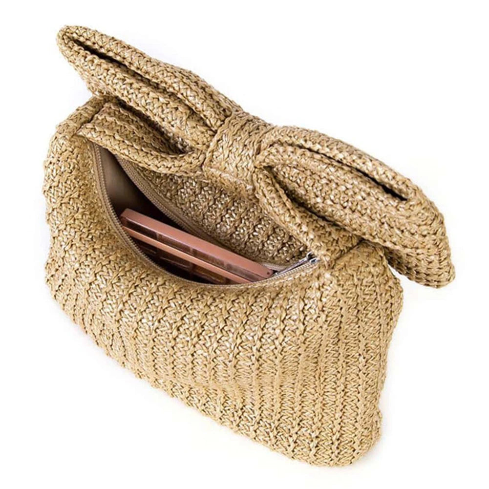 Women Bow Purse from Sexikinis, featuring a stylish straw design, unique pillow shape, and elegant bow decoration.
