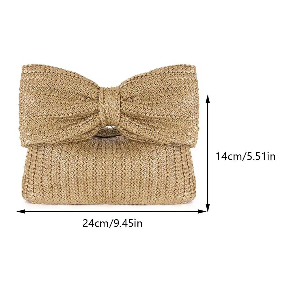 Women Bow Purse from Sexikinis, featuring a stylish straw design, unique pillow shape, and elegant bow decoration.