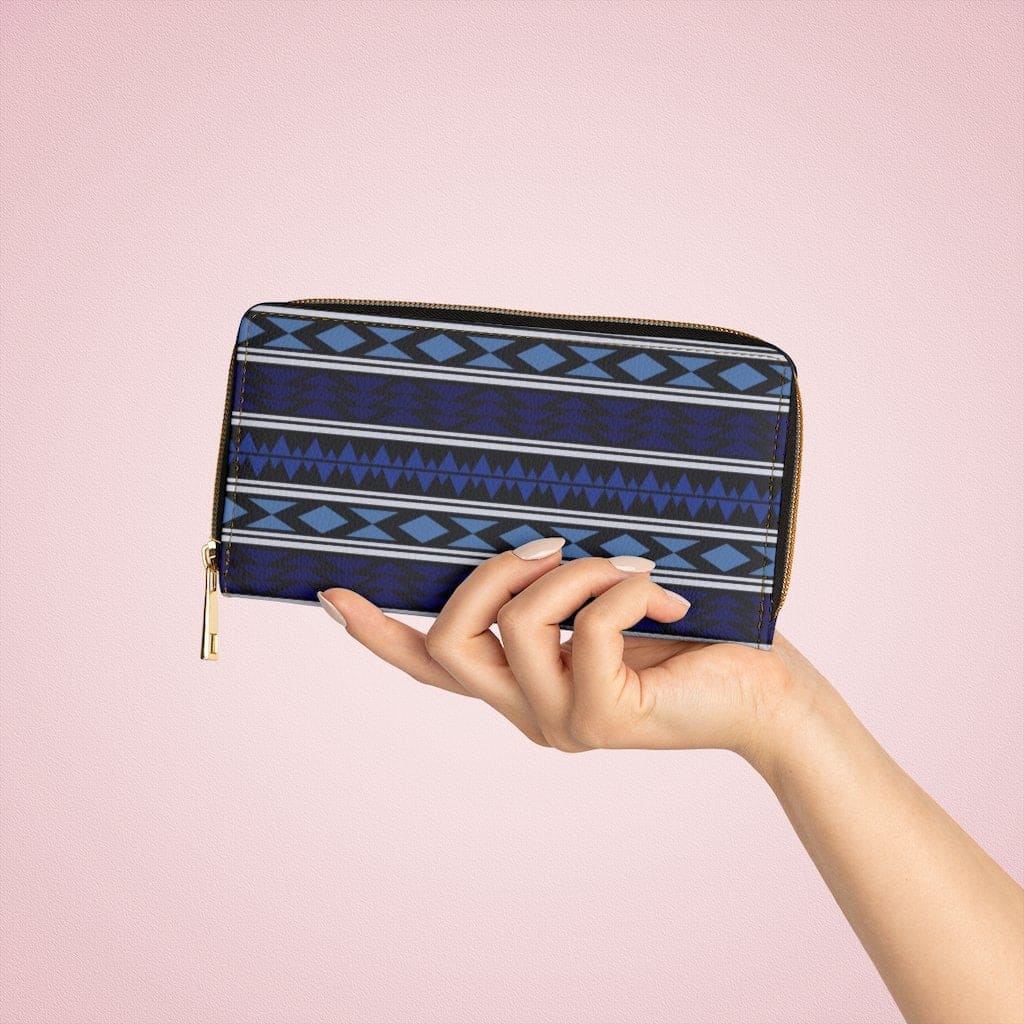 Stylish blue geometric Aztec zip wallet for women, featuring multiple pockets and a durable design.