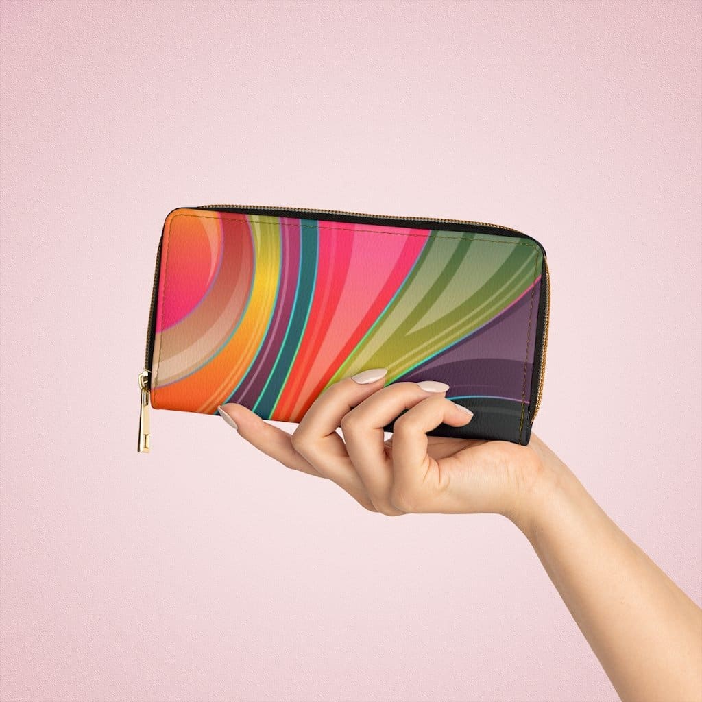 Stylish women's zip wallet in multicolor circular swirl design, showcasing its faux leather material and zip closure.