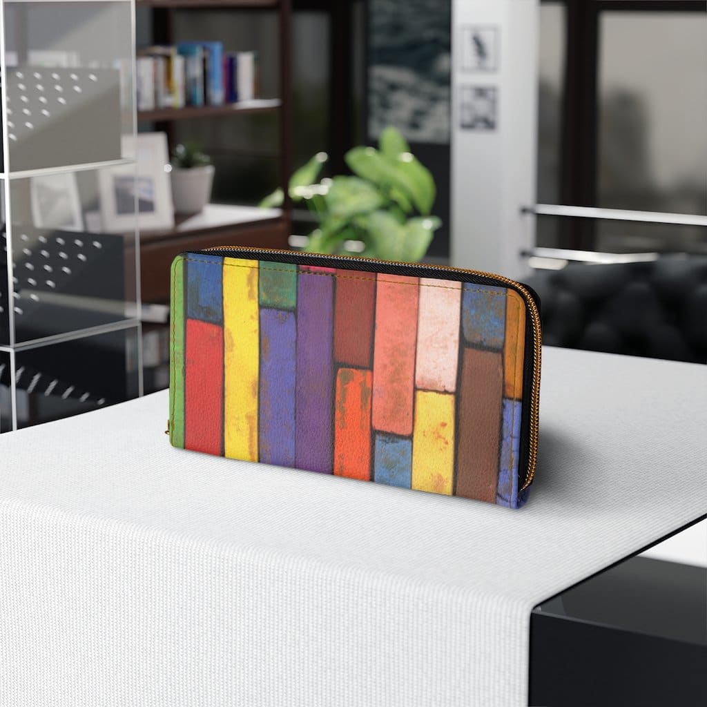 Multicolor colorblock zip wallet for women, featuring faux leather and stylish design.