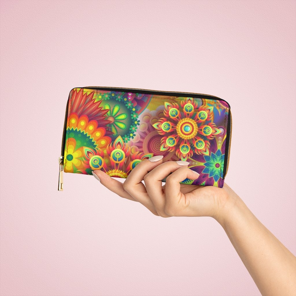 Stylish women's zip wallet featuring a multicolor geometric floral design, made from faux leather with gold stitching.