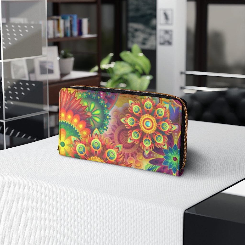 Stylish women's zip wallet featuring a multicolor geometric floral design, made from faux leather with gold stitching.
