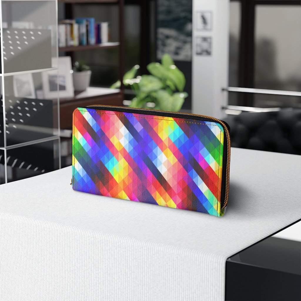 Multicolor gradient zip wallet for women, featuring faux leather and gold stitching.