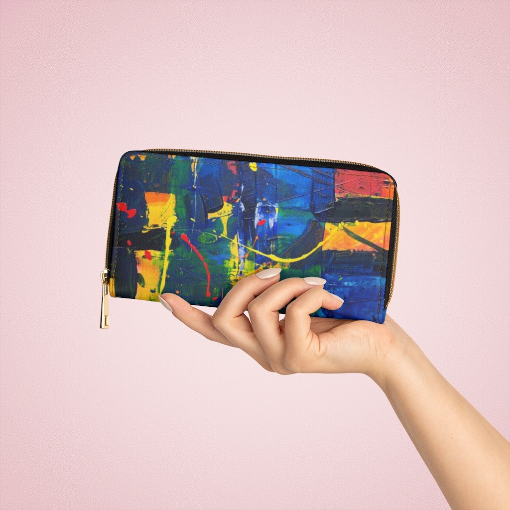 A stylish multicolor zip wallet for women made of faux leather, featuring gold stitching and multiple pockets for cards and cash.