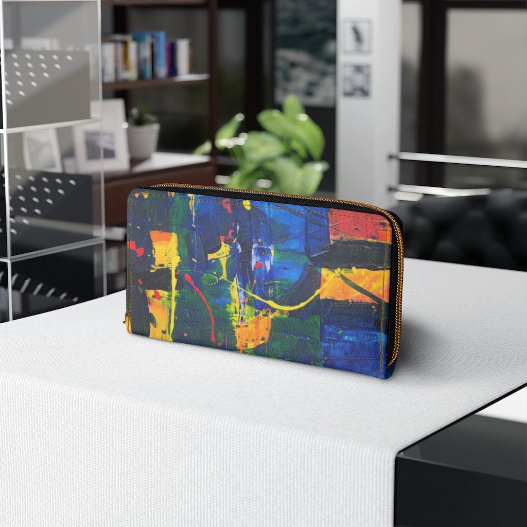 A stylish multicolor zip wallet for women made of faux leather, featuring gold stitching and multiple pockets for cards and cash.