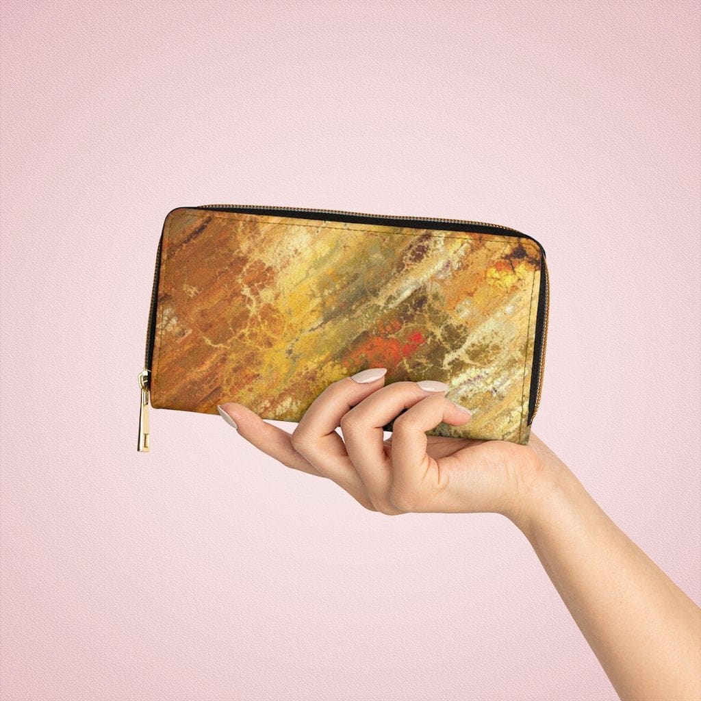Stylish Womens Wallet in Multicolor Rust Marble with zip closure, featuring multiple pockets for cards and cash.