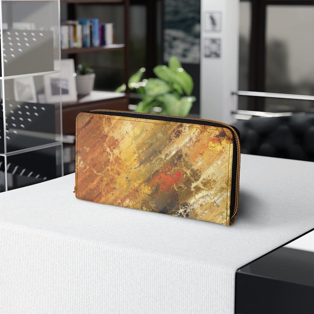 Stylish Womens Wallet in Multicolor Rust Marble with zip closure, featuring multiple pockets for cards and cash.