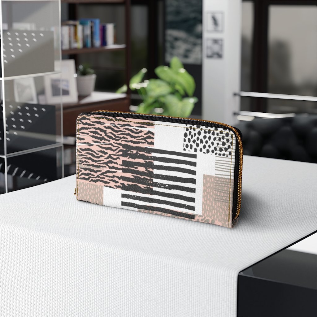 Pastel tri-color geometric women's zip wallet made of faux leather with multiple pockets.