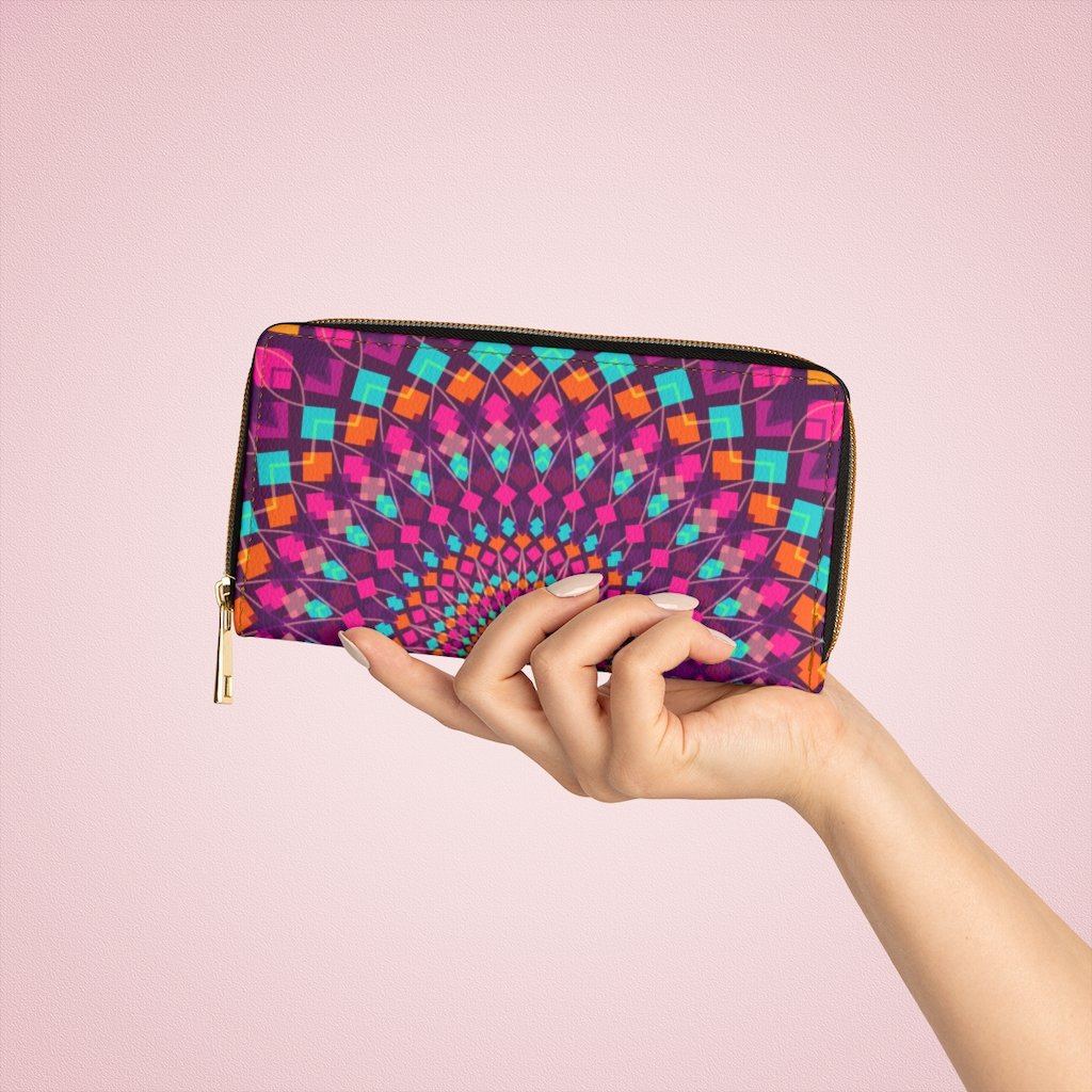 Purple kaleidoscope zip wallet for women, featuring cruelty-free faux leather and gold stitching.