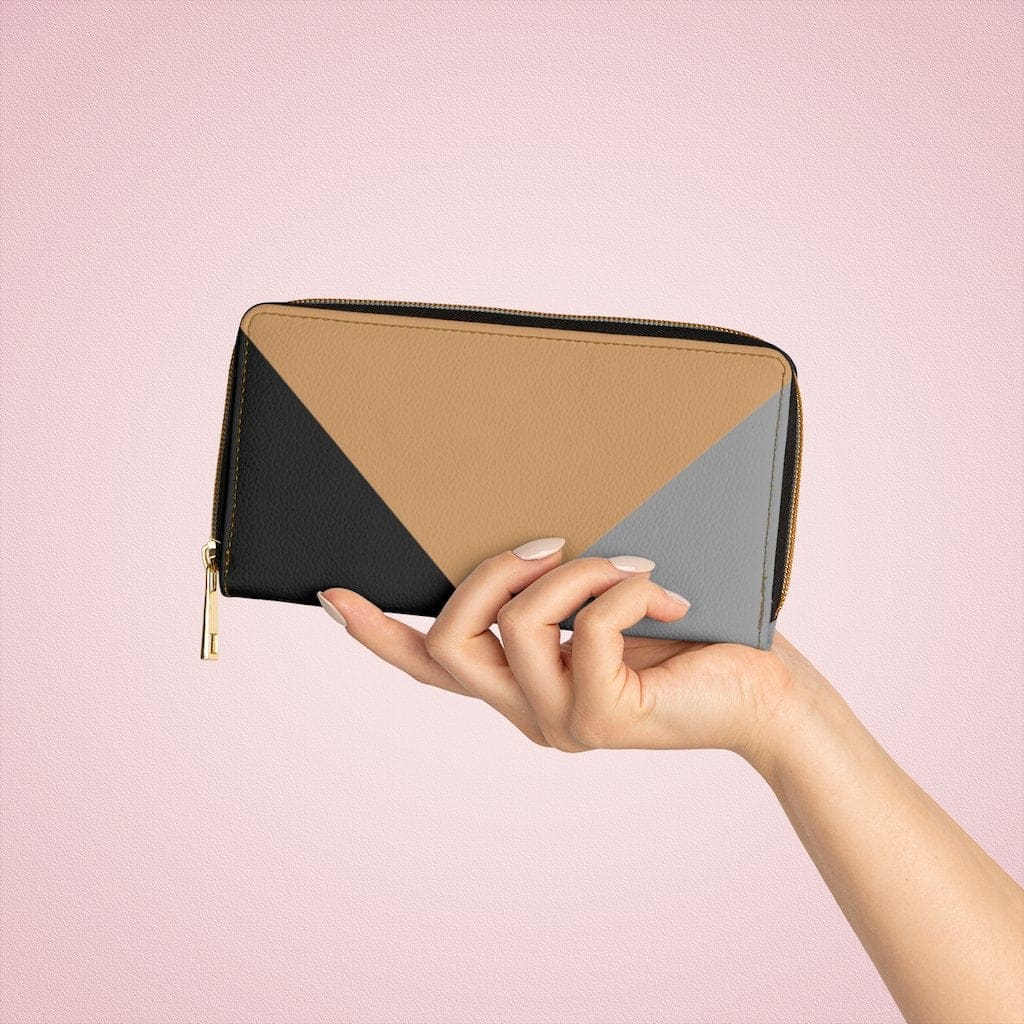 Stylish Womens Wallet in tri-color geometric design made from cruelty-free faux leather, featuring gold stitching and multiple pockets.