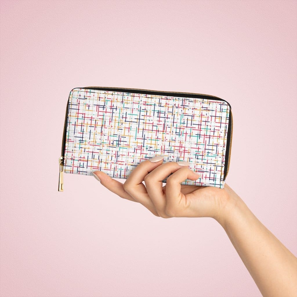 Stylish women's zip wallet in white multicolor pinstripe with gold stitching and durable zip closure.