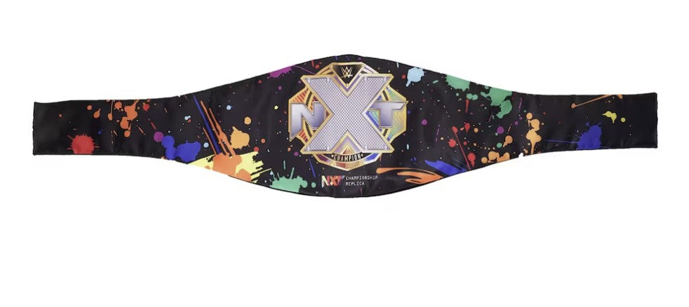 2014 WWE Intercontinental Championship Replica Title Belt displayed with a cloth carrying bag, showcasing its detailed design and snap fasteners.