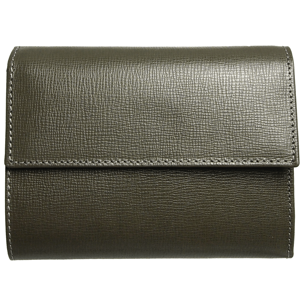 6 Credit Card Saffiano Leather French Wallet in Olive, showcasing its sleek design and premium craftsmanship.