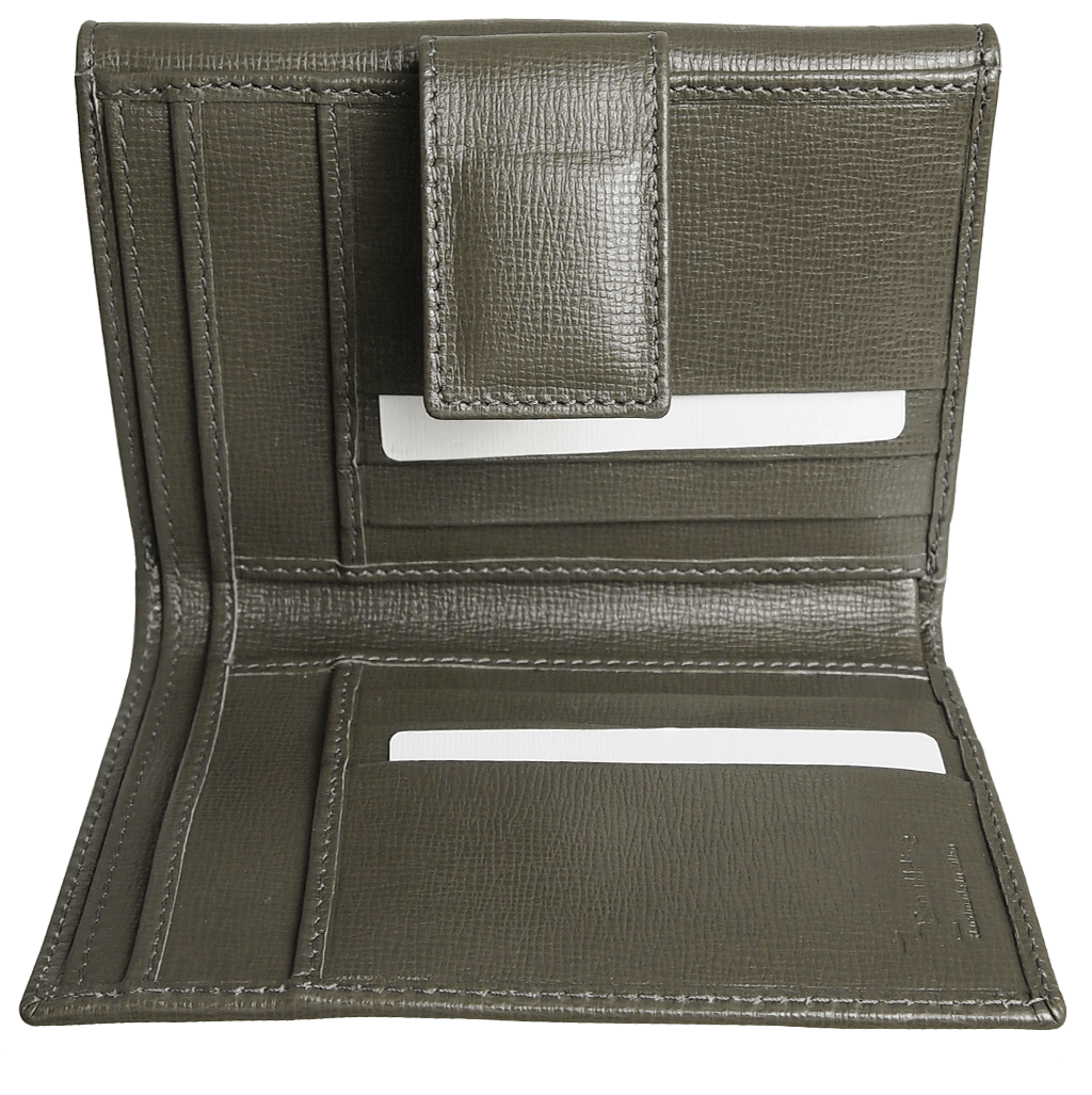 6 Credit Card Saffiano Leather French Wallet in Olive, showcasing its sleek design and premium craftsmanship.