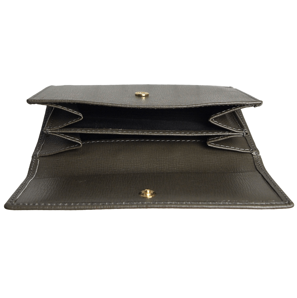 6 Credit Card Saffiano Leather French Wallet in Olive, showcasing its sleek design and premium craftsmanship.