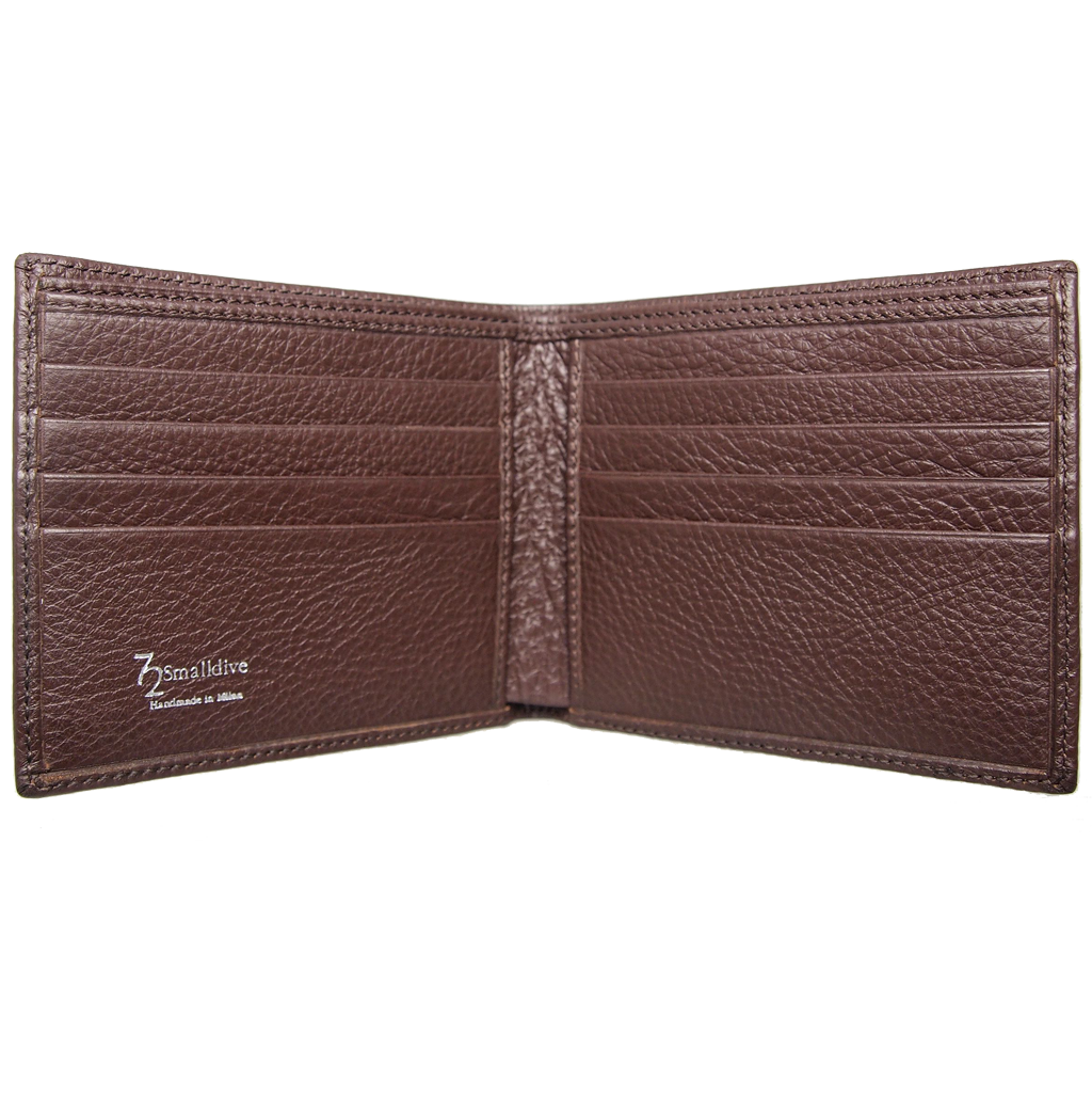 8 Credit Card Pebbled Leather Billfold in Brown, showcasing soft grained calfskin leather with multiple card slots and a slim profile.