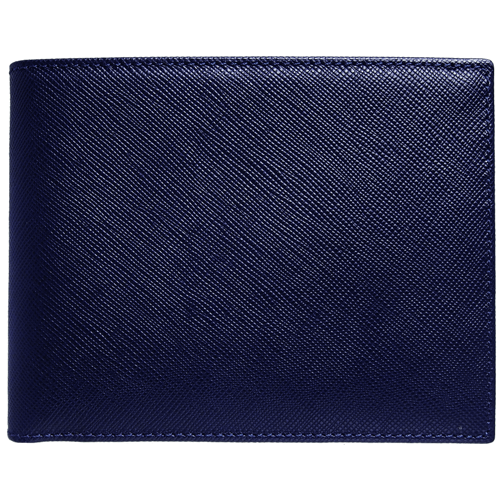 8 Credit Card Saffiano Billfold in Navy Blue, crafted from premium calf leather with a slim profile and elegant design.