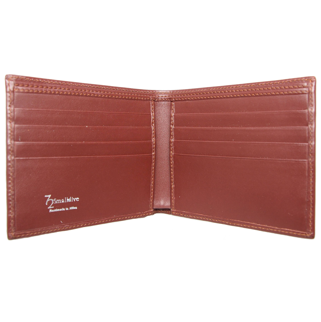 8 Credit Card Small Buffed Leather Billfold in Brown, showcasing its supple top grain calf leather and compact design with credit card slots.