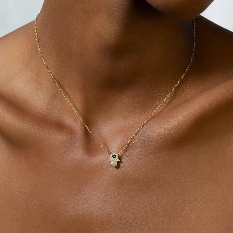 925 Sterling Silver Hamsa Hand Charm Necklace with zircon stones, featuring a trendy design on a link chain.