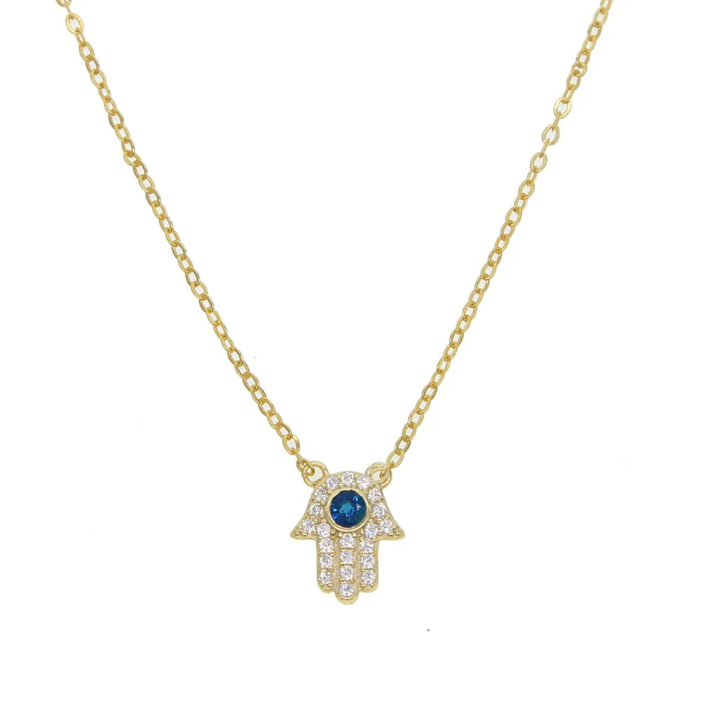 925 Sterling Silver Hamsa Hand Charm Necklace with zircon stones, featuring a trendy design on a link chain.