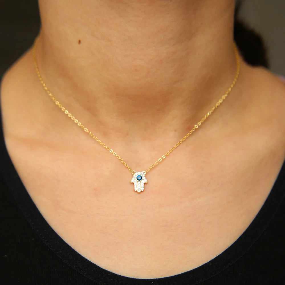 925 Sterling Silver Hamsa Hand Charm Necklace with zircon stones, featuring a trendy design on a link chain.