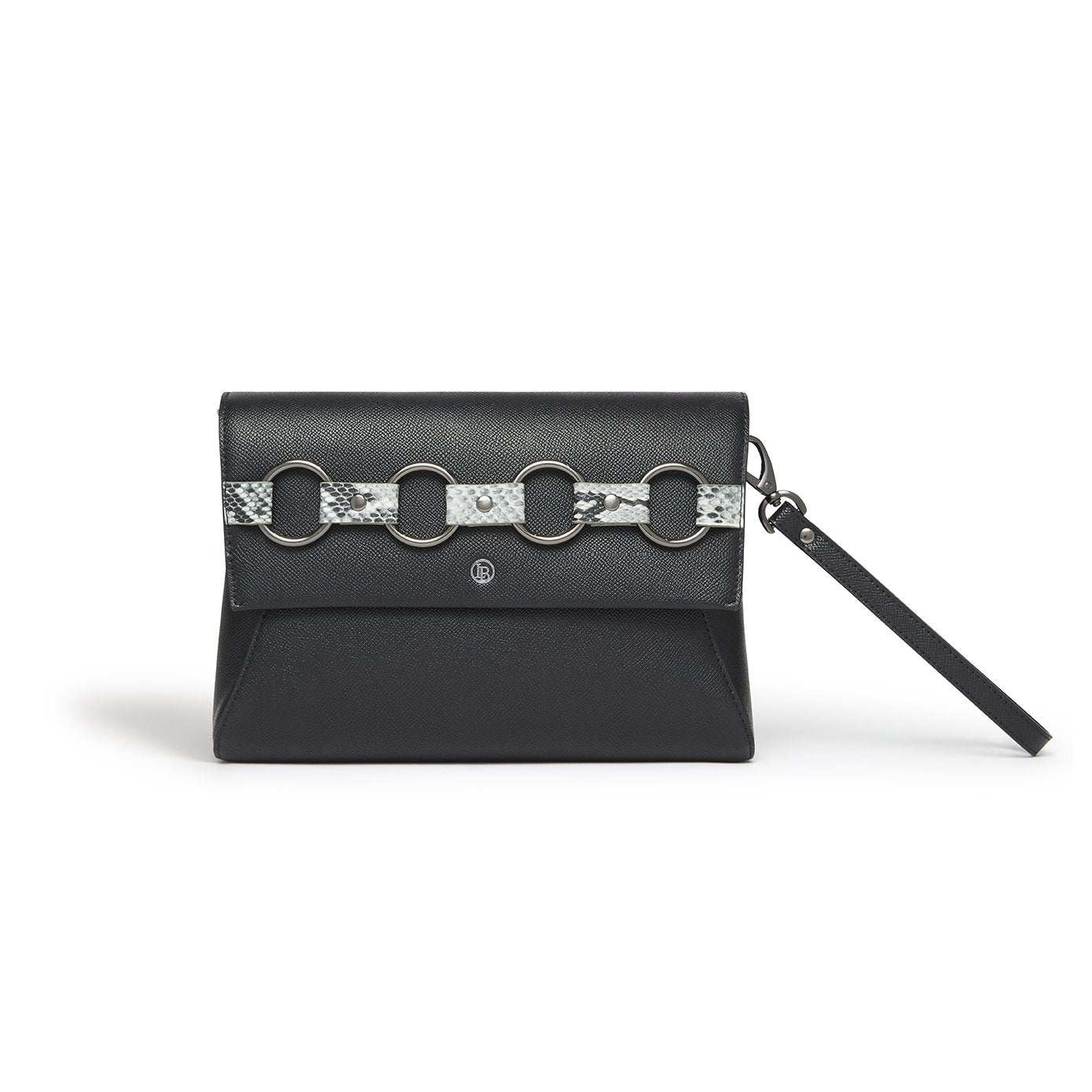 Alder Black Clutch & Cross-Body Bag featuring faux snake embellishment, adjustable strap, and LaBante London logo.