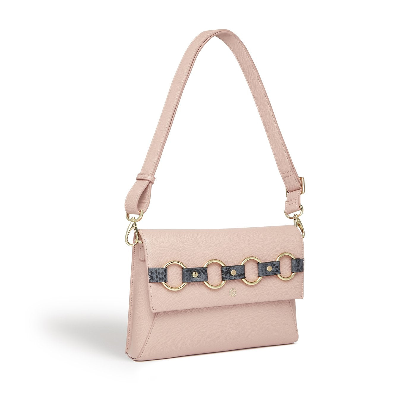 Alder Pink Clutch & Cross-Body Bag featuring faux snake embellishment, adjustable strap, and LaBante London logo.