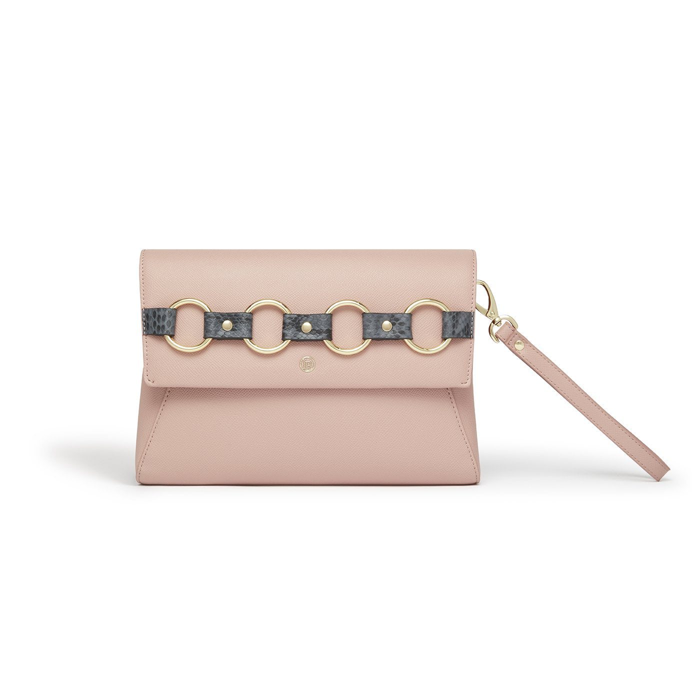 Alder Pink Clutch & Cross-Body Bag featuring faux snake embellishment, adjustable strap, and LaBante London logo.