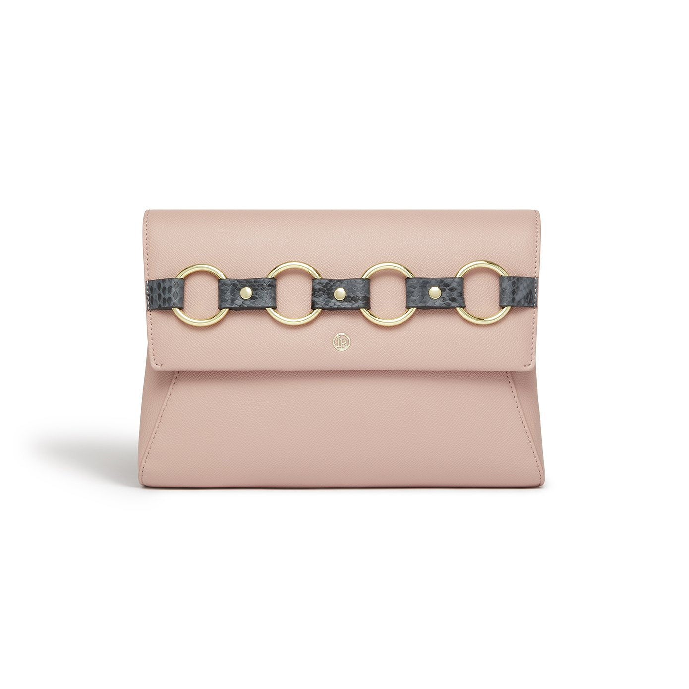 Alder Pink Clutch & Cross-Body Bag featuring faux snake embellishment, adjustable strap, and LaBante London logo.