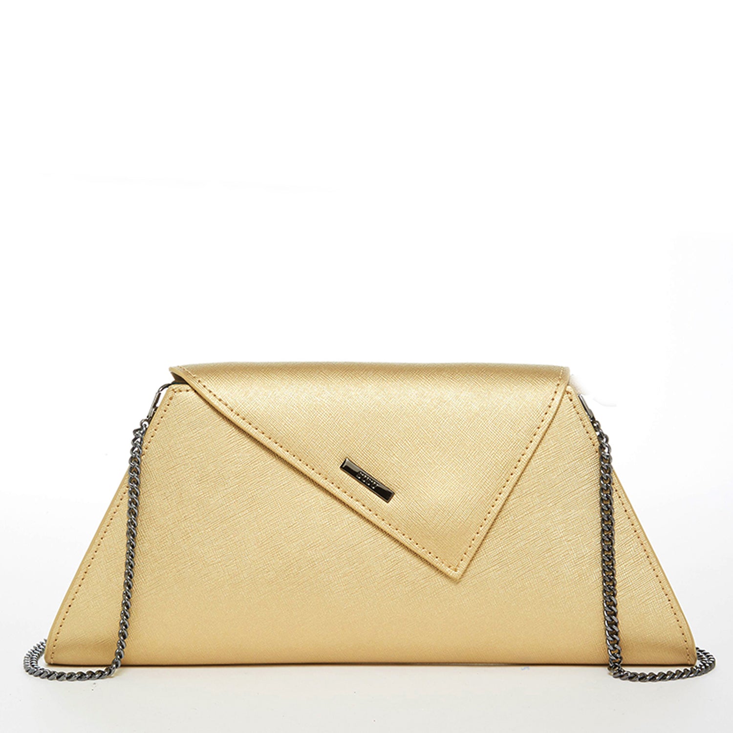 Angelica Metallic Gold Clutch made from crosshatched leather with a diagonal flap and removable chain strap.