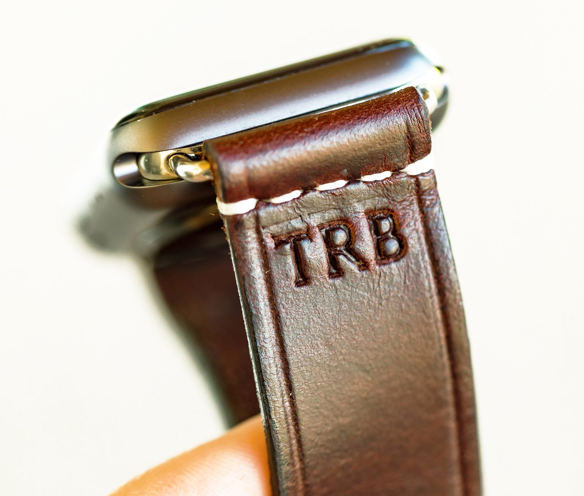 Apple Band - Classic, handcrafted leather watch band with heavy-duty hardware, customizable with initials.