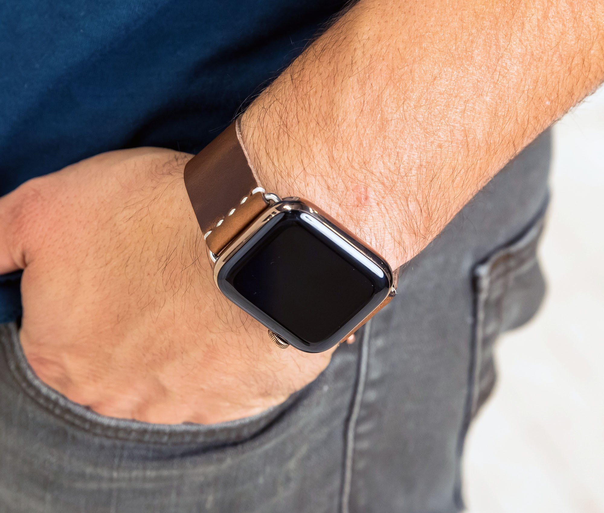 Apple Band - Classic, handcrafted leather watch band with heavy-duty hardware, customizable with initials.