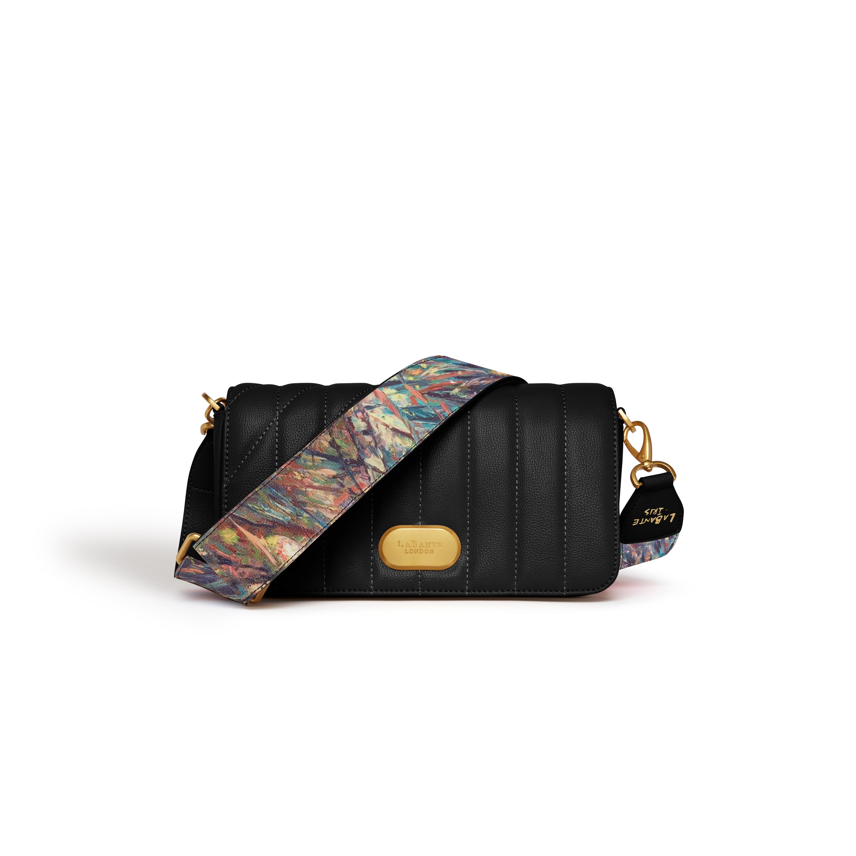 Aurora Crossbody Bag in Black featuring unique art-inspired design and adjustable straps.