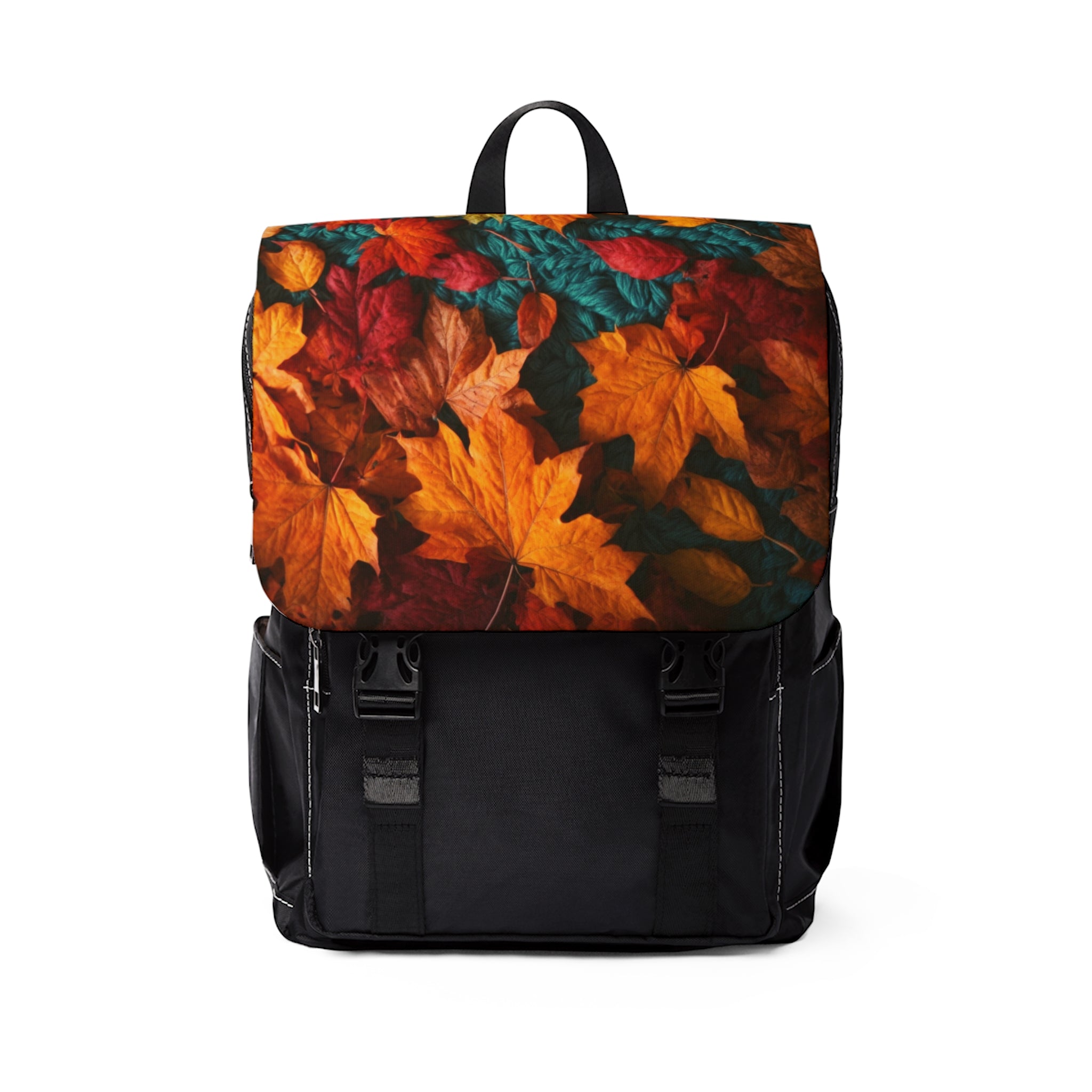 Autumn Fall Unisex Casual Shoulder Backpack featuring vibrant leaf patterns and a solid knit accent, perfect for Thanksgiving outings.
