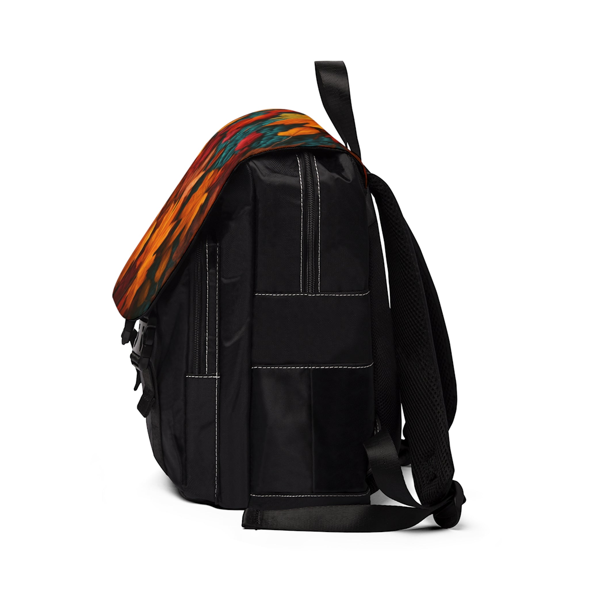 Autumn Fall Unisex Casual Shoulder Backpack featuring vibrant leaf patterns and a solid knit accent, perfect for Thanksgiving outings.