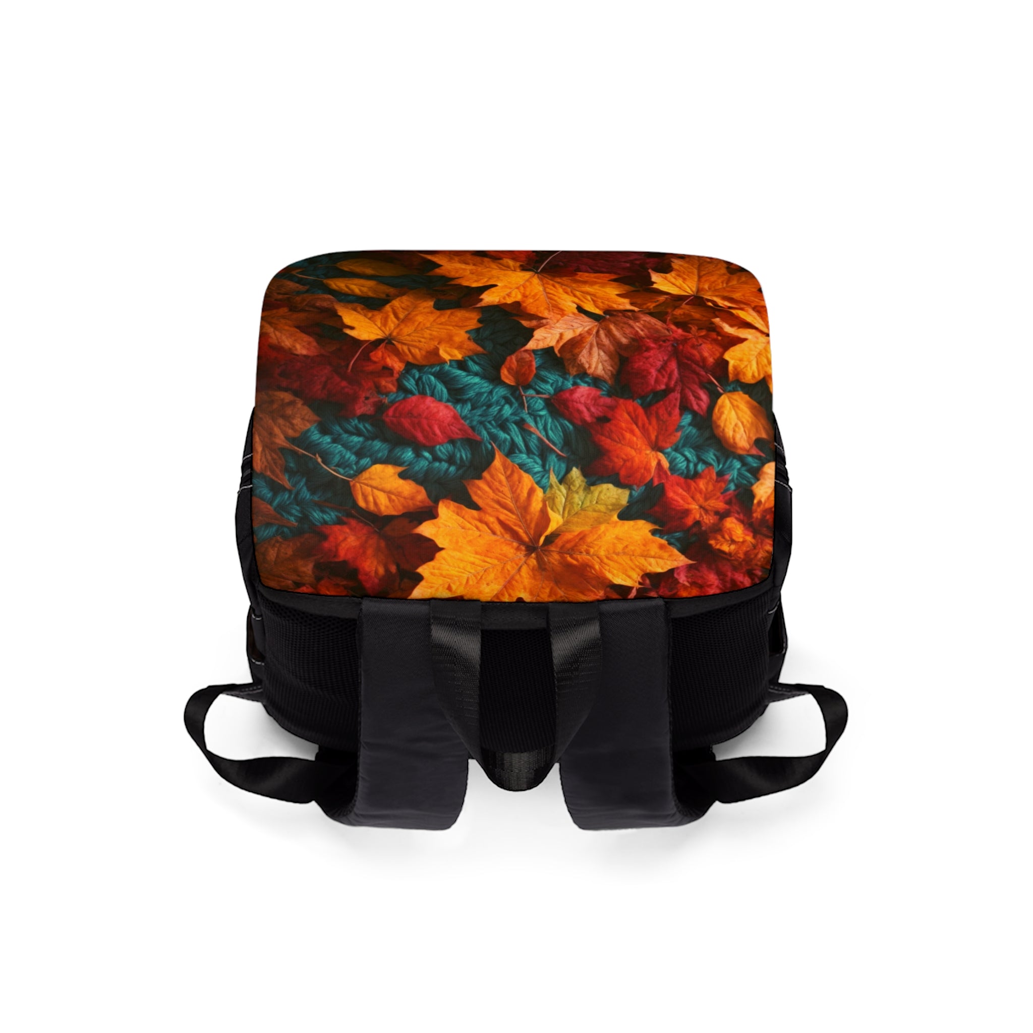 Autumn Fall Unisex Casual Shoulder Backpack featuring vibrant leaf patterns and a solid knit accent, perfect for Thanksgiving outings.