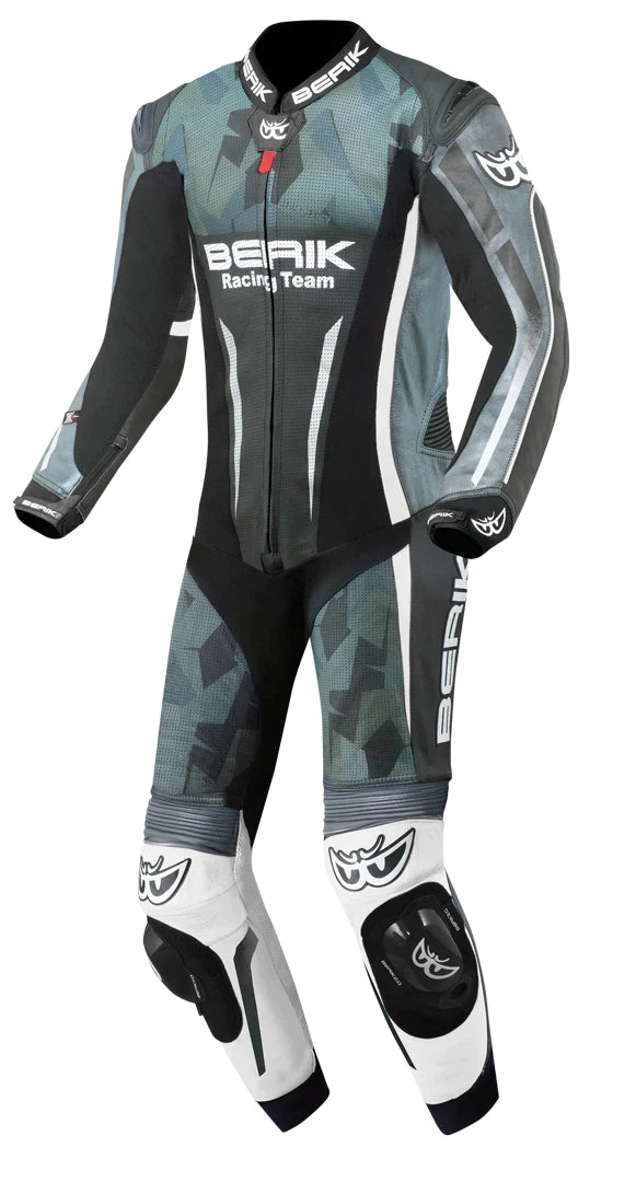 Berik Camo Track perforated One Piece Motorcycle Leather Suit showcasing its stylish design and ventilation features.